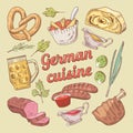 German Cuisine Food Doodle with Sausages and Pork Stew. Hand Drawn illustration Royalty Free Stock Photo