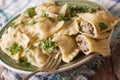 German cuisine: Maultaschen with spinach and meat close up on a