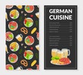 German Cuisine Menu Template, Traditional Bavarian Food Restaurant, Bar, Cafe Menu Design Vector Illustration