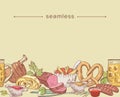 German Cuisine, Traditional Dishes of National European Food. Doodle Seamless Pattern with Beer Mug, Sausages, Pretzel Royalty Free Stock Photo