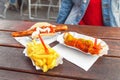 curry wurst sausage with french fries, street food concept