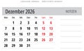 German December 2026 calendar with space for notes. Month Dezember. Vector illustration Germany Royalty Free Stock Photo