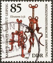 GERMAN DEMOCRATIC REPUBLIC - CIRCA 1981: A stamp printed in Germany shows Triploid elevators, circa 1981. Royalty Free Stock Photo