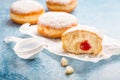 German donuts - berliner filled with strawberry jam with icing sugar Royalty Free Stock Photo