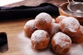 German donuts. berliner or quarkbÃÂ¤llchen with jam and icing su Royalty Free Stock Photo