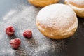 German donuts - berliner with raspberries and powdered sugar on the dark background Royalty Free Stock Photo