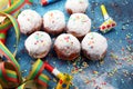 German donuts with jam and icing sugar. Carnival powdered sugar raised donuts Royalty Free Stock Photo