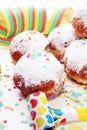 German donuts with jam and icing sugar. Carnival powdered sugar raised donuts Royalty Free Stock Photo