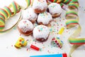 German donuts with jam and icing sugar. Carnival powdered sugar raised donuts Royalty Free Stock Photo