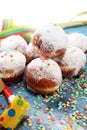 German donuts with jam and icing sugar. Carnival powdered sugar raised donuts Royalty Free Stock Photo