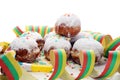 German donuts with jam and icing sugar. Carnival powdered sugar raised donuts Royalty Free Stock Photo