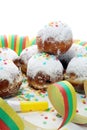 German donuts with jam and icing sugar. Carnival powdered sugar raised donuts Royalty Free Stock Photo