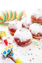 German donuts with jam and icing sugar. Carnival powdered sugar raised donuts Royalty Free Stock Photo