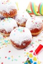 German donuts with jam and icing sugar. Carnival powdered sugar raised donuts Royalty Free Stock Photo