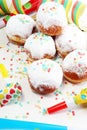 German donuts with jam and icing sugar. Carnival powdered sugar raised donuts Royalty Free Stock Photo