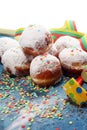 German donuts with jam and icing sugar. Carnival powdered sugar raised donuts Royalty Free Stock Photo