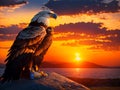 German eagle Chilling with a beer bottle in a sunset Background-Generative ai