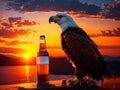 German eagle Chilling with a beer bottle in a sunset Background-Generative ai