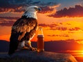 German eagle Chilling with a beer bottle in a sunset Background-Generative ai