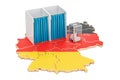 German election concept, ballot box with voting booths on map of