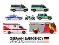German emergency cars vehicles transport set. Police car, Fire truck, Ambulance van Emergency cars of Deutsche flat design Royalty Free Stock Photo