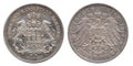 German Empire Hamburg 2 Mark Silver Coin Vintage 1914