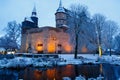 German fairytale castle in winter landscape. Castle Romrod in Hessen, Germany