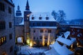 German fairytale castle in winter landscape. Castle Romrod in Hessen, Germany