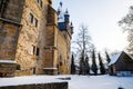 German fairytale castle in winter landscape. Castle Romrod in Hesse, Vogelsberg, Germany. Beautiful view on castle.