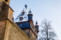 German fairytale castle in winter landscape. Castle Romrod in Hesse, Vogelsberg, Germany. Beautiful view on castle.