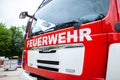 German fire engine stands on a deployment site