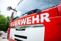 German fire engine stands on a deployment site