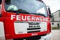 German fire engine stands on a platform on open day Royalty Free Stock Photo