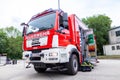 German fire engine stands on a platform on open day Royalty Free Stock Photo