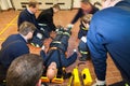 German firefighter team in an exercise with a injured in a stretcher