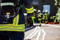 German fireman Feuerwehr stands near an accident