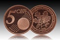 German five euro cent Germany coin, front side 5 and world globe, backside oak leaf Royalty Free Stock Photo