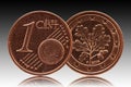 German one euro cent Germany coin, front side 1 and world globe, backside oak leaf Royalty Free Stock Photo