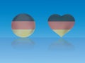 German flag in glossy ball and heart with reflection on blue background vector illustration