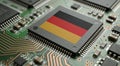 German flag on a GPU microchip placed on a detailed PCB board, high-tech macro shot. Royalty Free Stock Photo