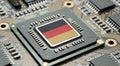 German flag on a GPU microchip placed on a detailed PCB board, high-tech macro shot. Royalty Free Stock Photo