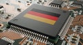 German flag on a GPU microchip placed on a detailed PCB board, high-tech macro shot. Royalty Free Stock Photo