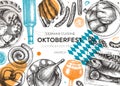 German food background in collage style. Oktoberfest menu trendy design. Vector meat dishes sketches and geometric shapes. German Royalty Free Stock Photo
