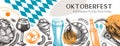 German food background in collage style. Oktoberfest menu trendy design. Vector meat dishes sketches and geometric shapes. German