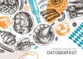 German food background in collage style. Oktoberfest menu trendy design. Vector meat dishes sketches and geometric shapes. German