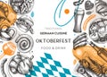 German food background in collage style. Oktoberfest menu trendy design. Vector meat dishes sketches and geometric shapes. German