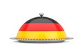 German Food Concept. Silver Plate and Food Cover Restaurant Cloche with German Flag. 3d Rendering