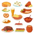 German food vector traditional cuisine of German and cooked meat meal sausages for dinner or lunch illustration set of