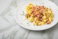 German Friesland north sea shrimps with scrambled eggs and dill on marble background Royalty Free Stock Photo