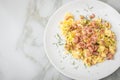 German Friesland north sea shrimps with scrambled eggs and dill on marble background Royalty Free Stock Photo